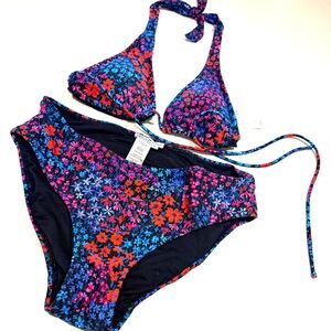 Floral Halter Two-Piece Bikini — Pink & Blue